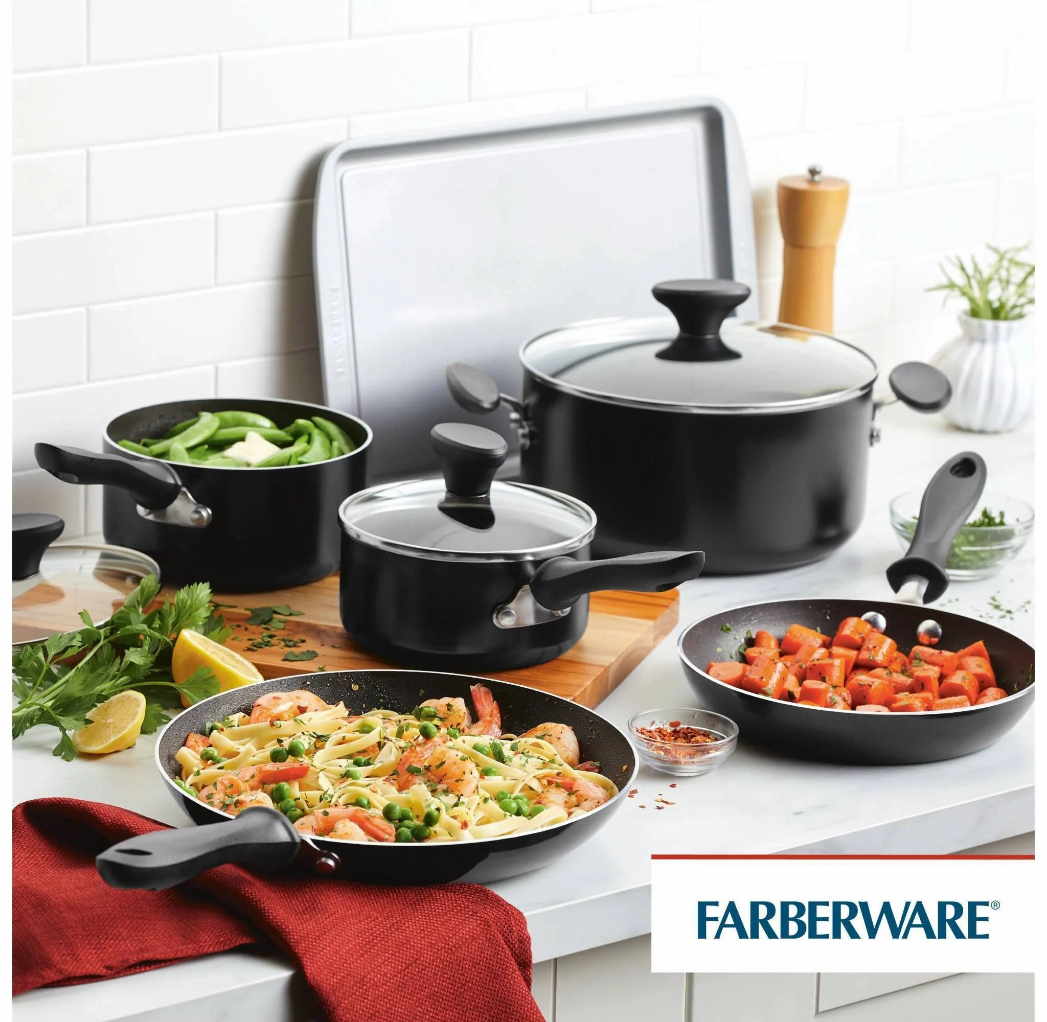 15pc Aluminum Nonstick Cookware Set with Prestige Tools- Black