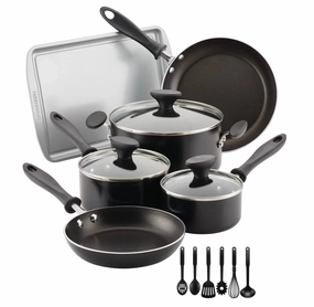 15pc Aluminum Nonstick Cookware Set with Prestige Tools- Black