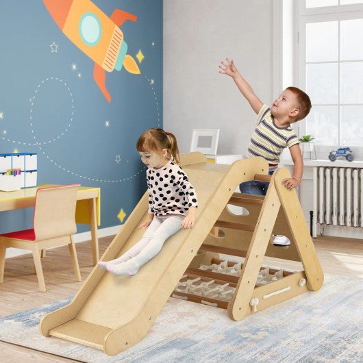4 in 1 Triangle Climber Toy With Sliding Board and Climbing Net-Natural