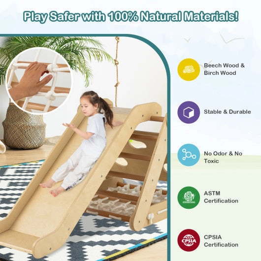 4 in 1 Triangle Climber Toy With Sliding Board and Climbing Net-Natural