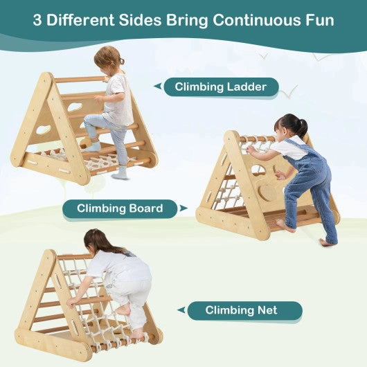 4 in 1 Triangle Climber Toy With Sliding Board and Climbing Net-Natural