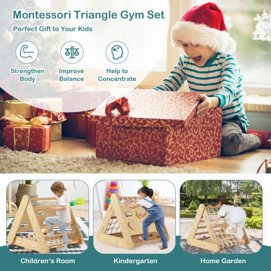 4 in 1 Triangle Climber Toy With Sliding Board and Climbing Net-Natural