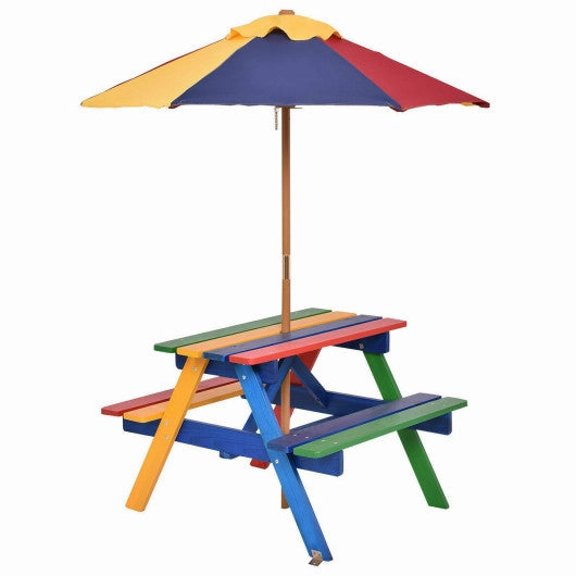 4 Seat Kids Picnic Table With Umbrella-Multicolor