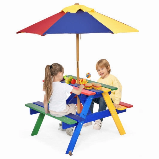4 Seat Kids Picnic Table With Umbrella-Multicolor