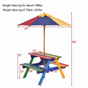 4 Seat Kids Picnic Table With Umbrella-Multicolor