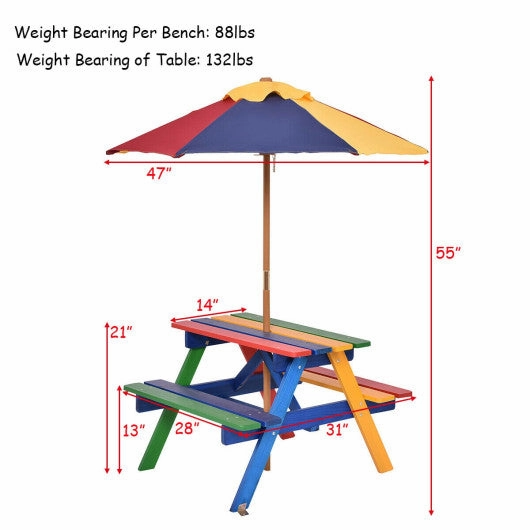 4 Seat Kids Picnic Table With Umbrella-Multicolor