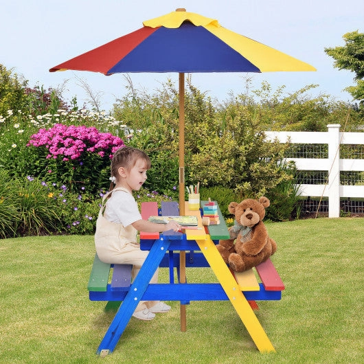 4 Seat Kids Picnic Table With Umbrella-Multicolor