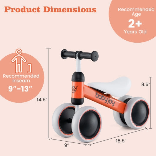 Baby Balance Bike for 2 Years Old Boys Girls No Pedal 4 Wheels-Orange