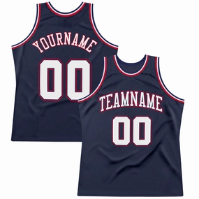 Custom Navy White-Red Authentic Throwback Basketball Jersey