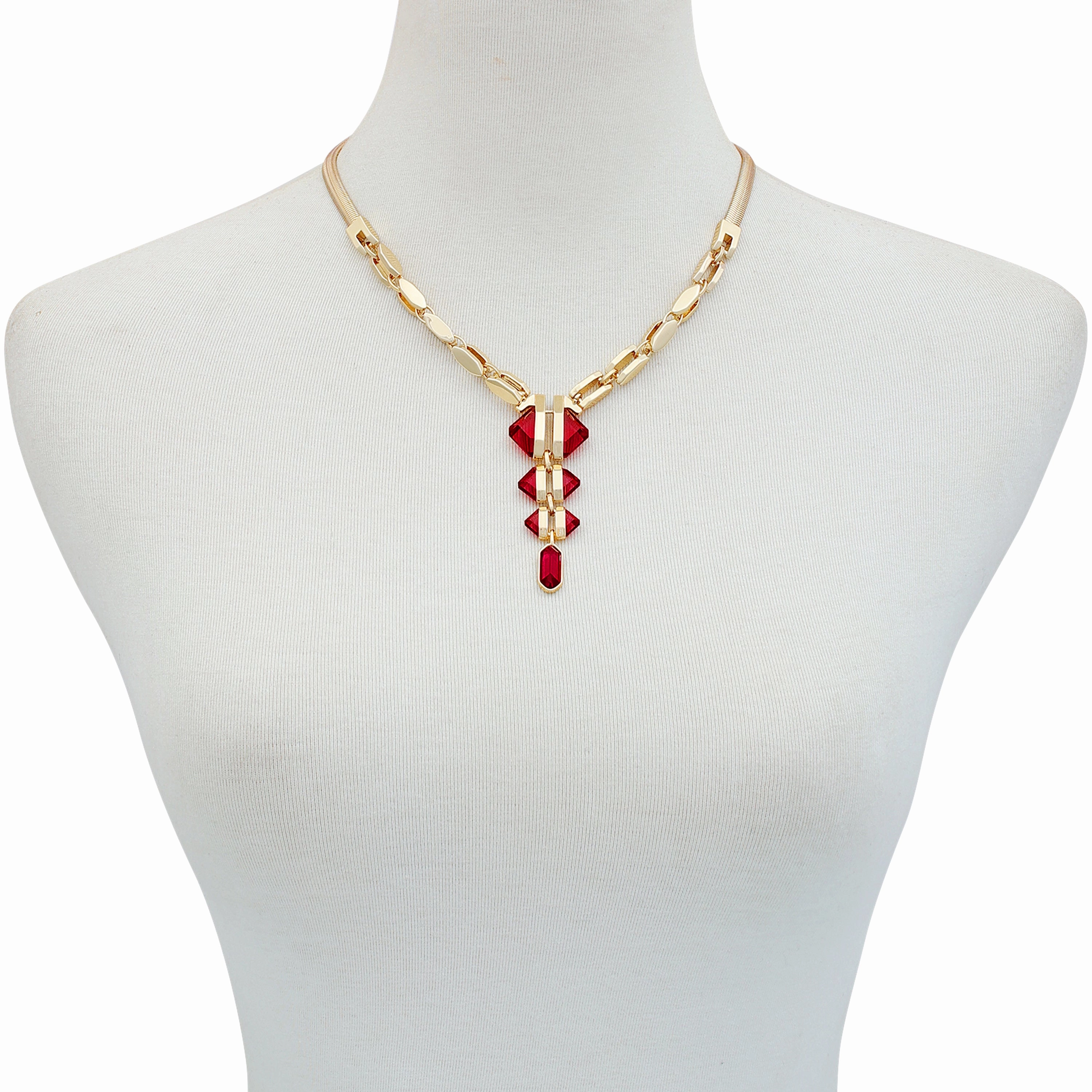 Goldtone Red Stone Pendant Statement Necklace