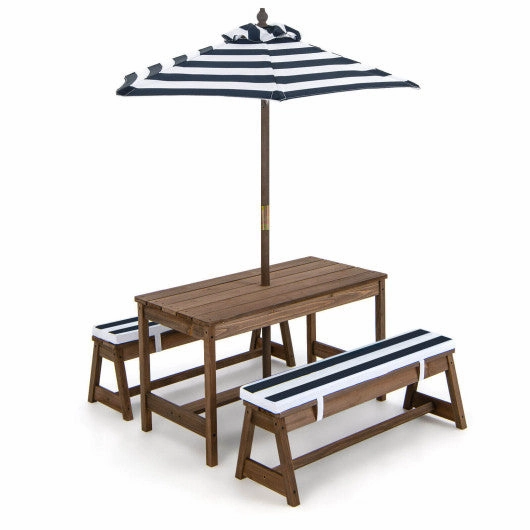 Kids Picnic Table and Bench Set With Cushions and Height Adjustable Umbrella-Blue