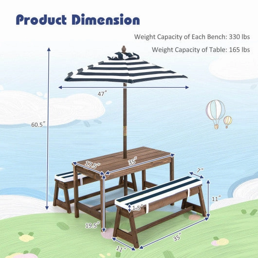 Kids Picnic Table and Bench Set With Cushions and Height Adjustable Umbrella-Blue