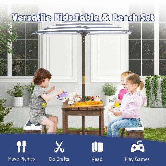 Kids Picnic Table and Bench Set With Cushions and Height Adjustable Umbrella-Blue