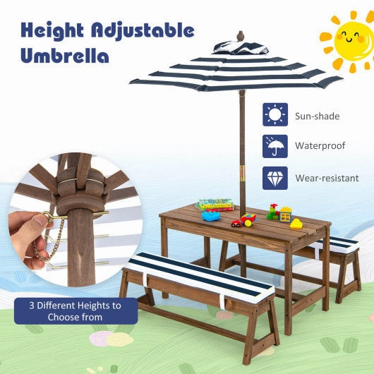 Kids Picnic Table and Bench Set With Cushions and Height Adjustable Umbrella-Blue
