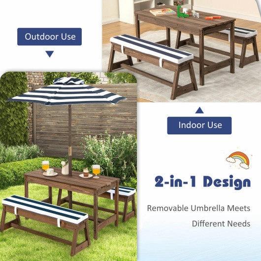 Kids Picnic Table and Bench Set With Cushions and Height Adjustable Umbrella-Blue