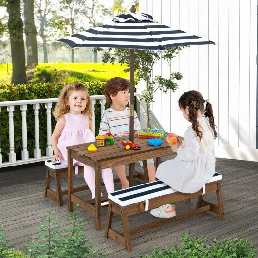 Kids Picnic Table and Bench Set With Cushions and Height Adjustable Umbrella-Blue