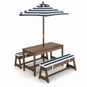 Kids Picnic Table and Bench Set With Cushions and Height Adjustable Umbrella-Blue