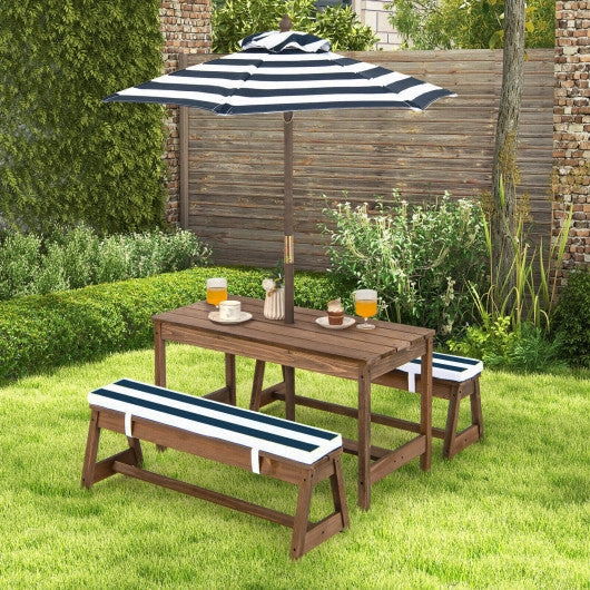 Kids Picnic Table and Bench Set With Cushions and Height Adjustable Umbrella-Blue