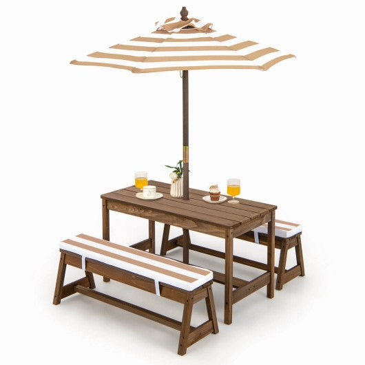 Kids Picnic Table and Bench Set With Cushions and Height Adjustable Umbrella-Brown