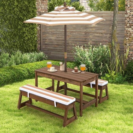 Kids Picnic Table and Bench Set With Cushions and Height Adjustable Umbrella-Brown