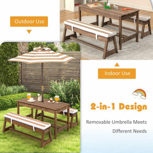 Kids Picnic Table and Bench Set With Cushions and Height Adjustable Umbrella-Brown
