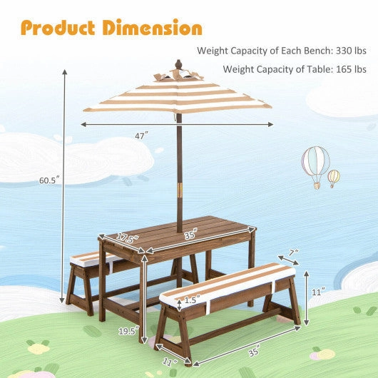 Kids Picnic Table and Bench Set With Cushions and Height Adjustable Umbrella-Brown
