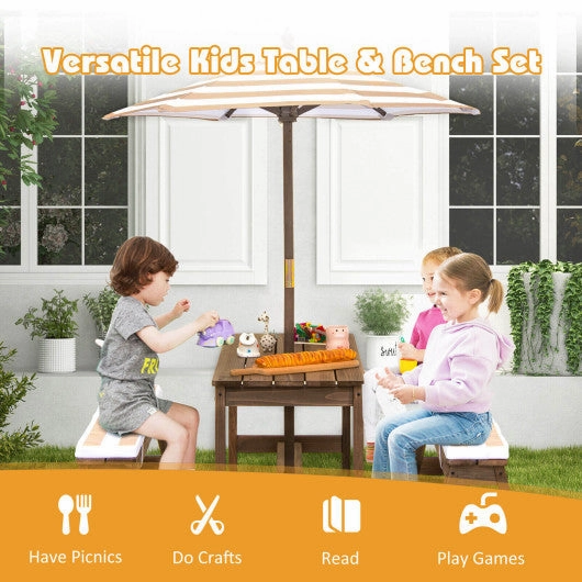 Kids Picnic Table and Bench Set With Cushions and Height Adjustable Umbrella-Brown
