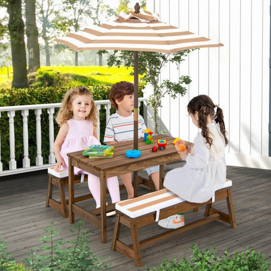 Kids Picnic Table and Bench Set With Cushions and Height Adjustable Umbrella-Brown