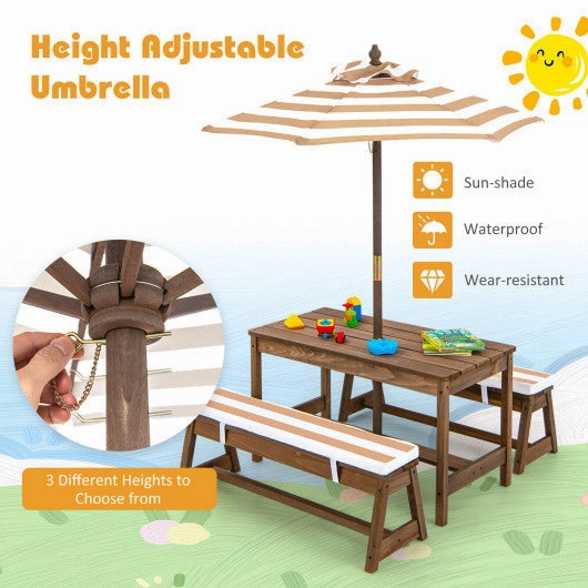 Kids Picnic Table and Bench Set With Cushions and Height Adjustable Umbrella-Brown