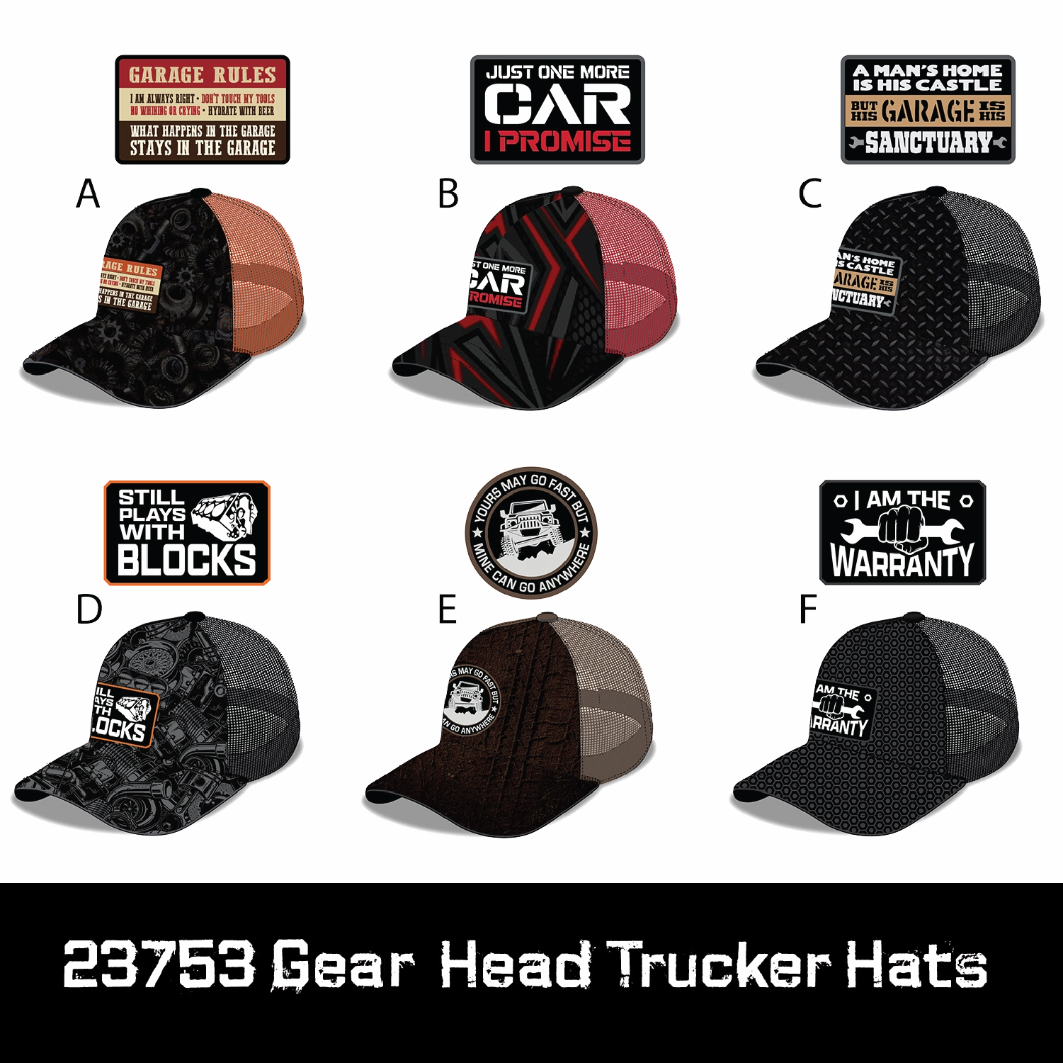 Mechanic Trucker Hat Gear Head Ball Caps - 6 Pieces Per Retail Ready Display 23753