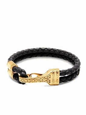 Men's Black Leather Bracelet with Gold Bali Clasp Lock