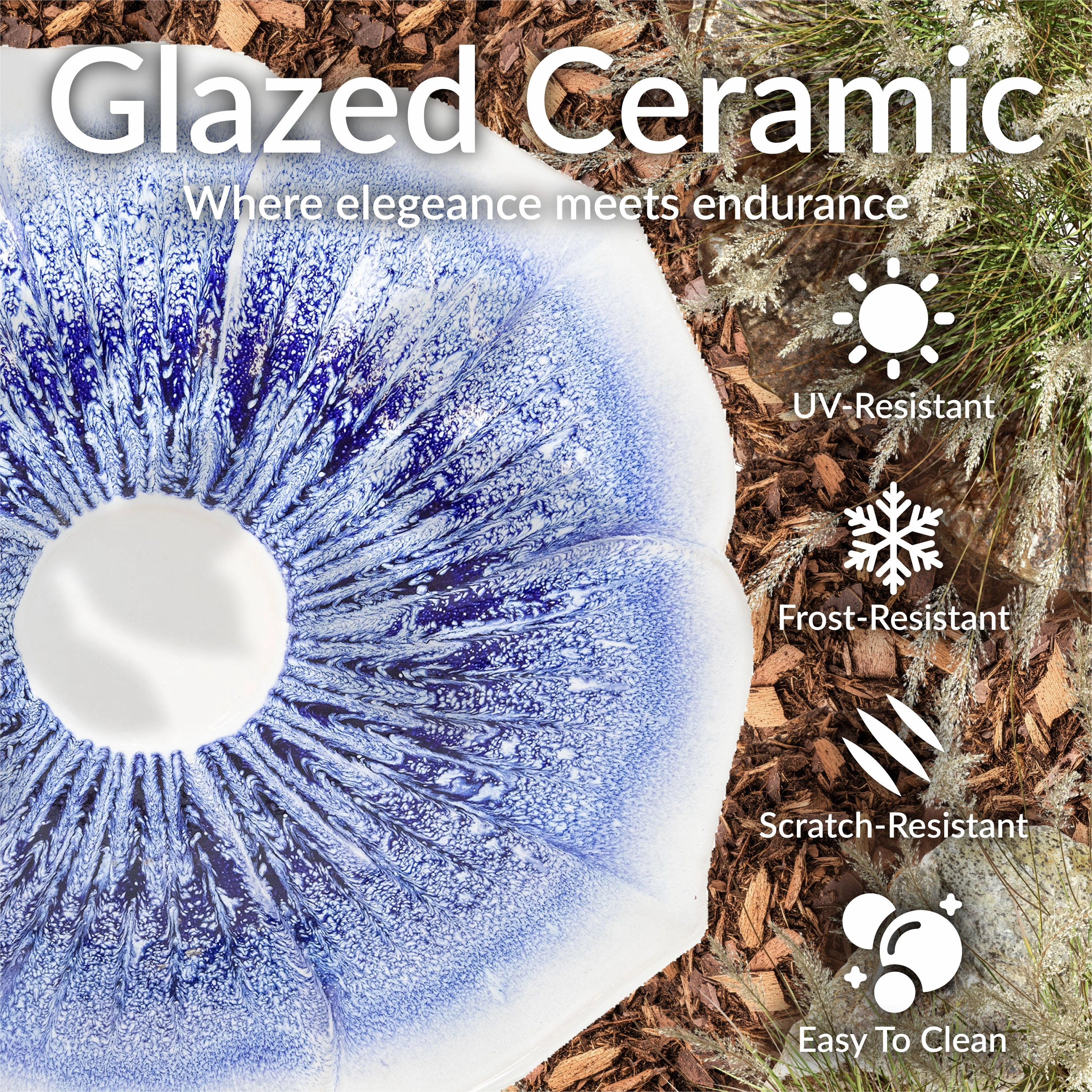 Sunnydaze Misty Blossom Ceramic Bird Bath with Glazed Finish - White and Blue - 23" H