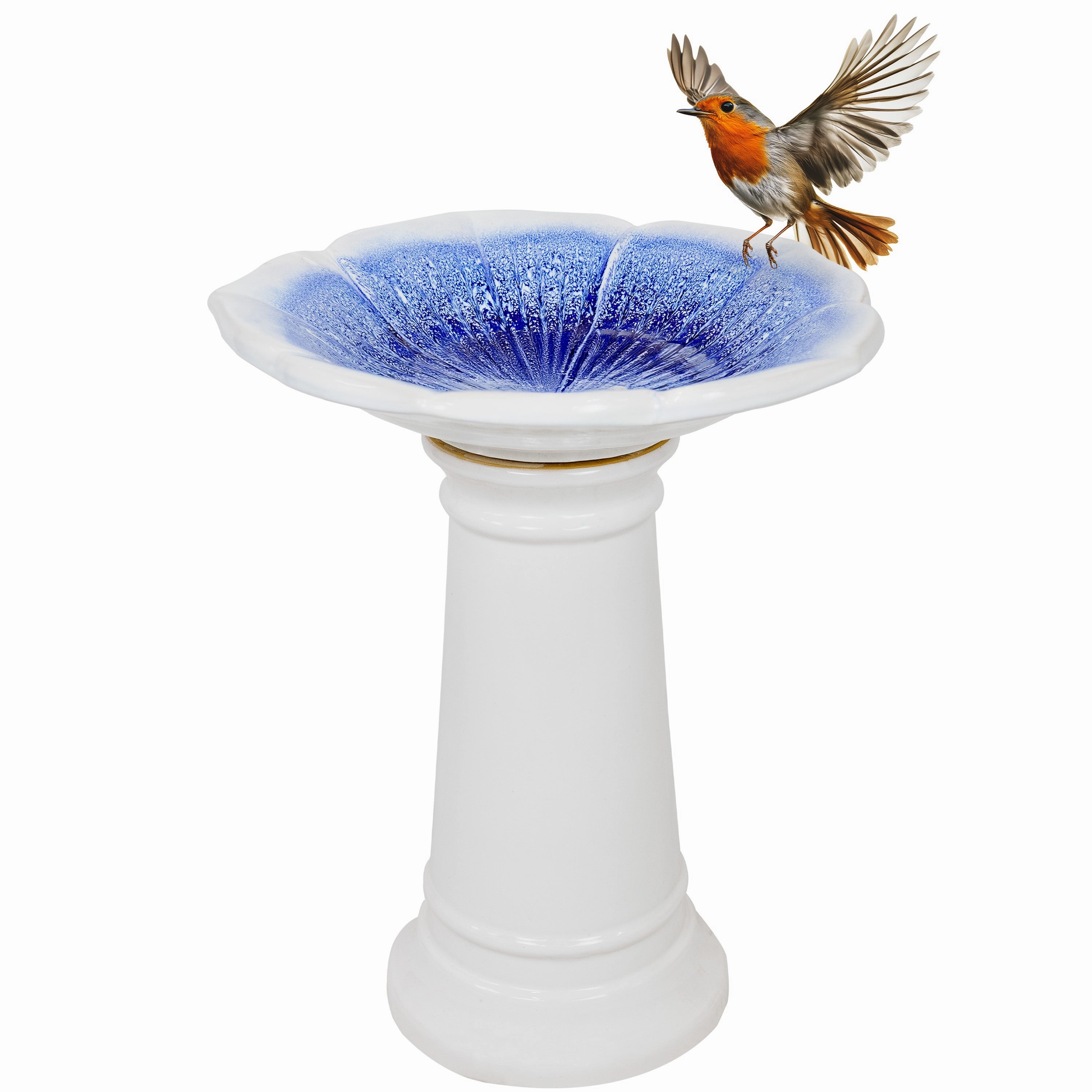 Sunnydaze Misty Blossom Ceramic Bird Bath with Glazed Finish - White and Blue - 23" H