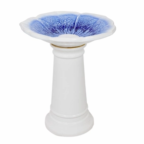 Sunnydaze Misty Blossom Ceramic Bird Bath with Glazed Finish - White and Blue - 23" H